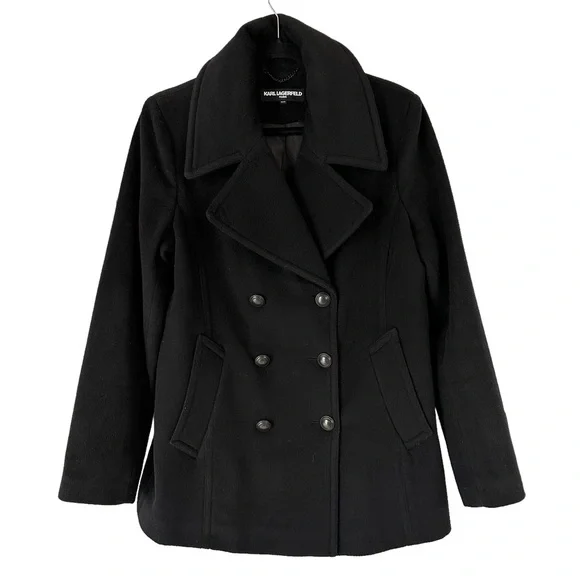 Stunning Karl Lagerfeld Black Double Breasted Wool Cashmere Pea Coat Jacket - Picture 6 of 11